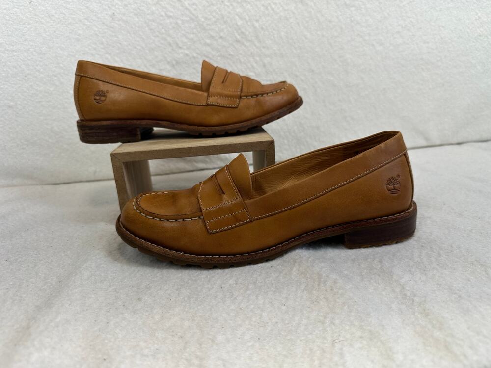 Timberland Brown Leather Kiltie Loafers Moc Toe Slip On Lug Sole Women's SZ 7